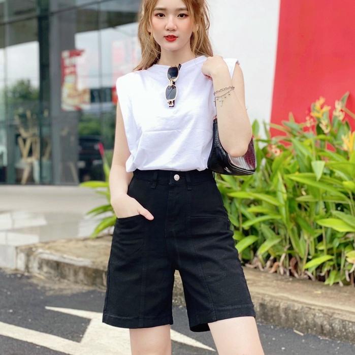 Quần short jean bò nữ Đen Basic có size, quần đùi nữ dáng ngố lửng ống rộng chất bò trơn mền dày sịn basic (J1MĐ)