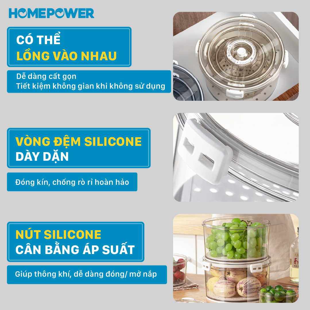 Set 3 hộp tròn đựng thực phẩm tủ lạnh Homepower bảo quản thực phẩm có lót đáy ráo nước, van thoát khí PET Xuất Khẩu EU