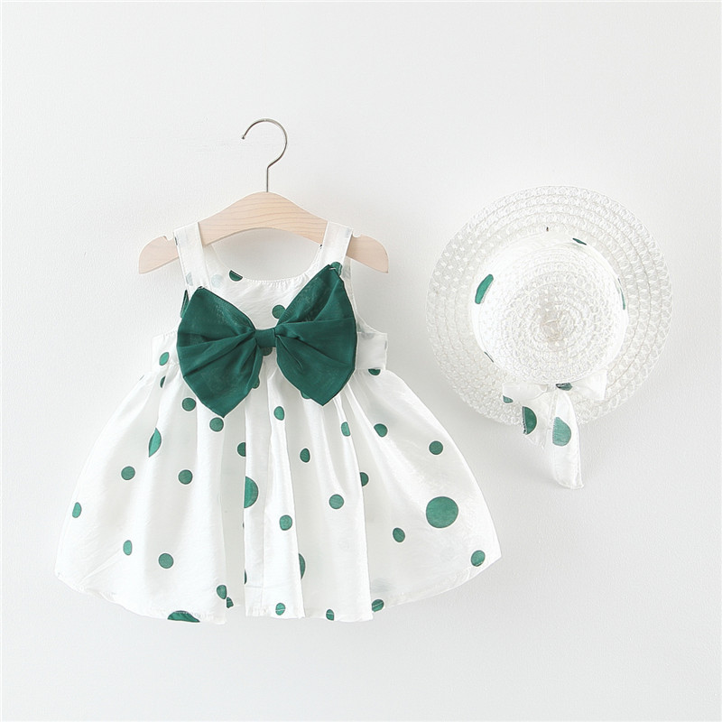 Set đầm xòe bé gái kèm mũ rộng vành xinh xắn, đầm đi biển cho bé từ 9-18kg - váy xòe cho bé chấm bi dễ thương