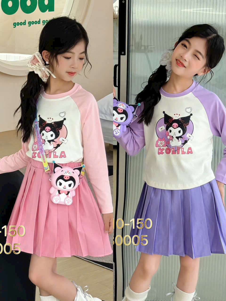 Set váy cho bé gái kèm túi 4-10 tuổi in hình và chữ Kuromi phong cách Hàn Quốc dáng thời trang