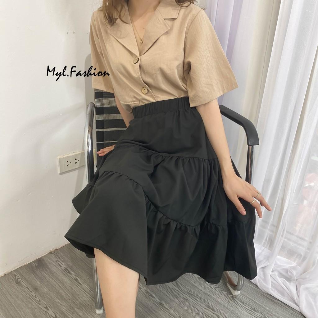 Áo sơ mi kiểu nữ cộc tay cổ vest viền chỉ freesize, Áo sơ mi nữ ngắn tay thô đũi - myl.fashion