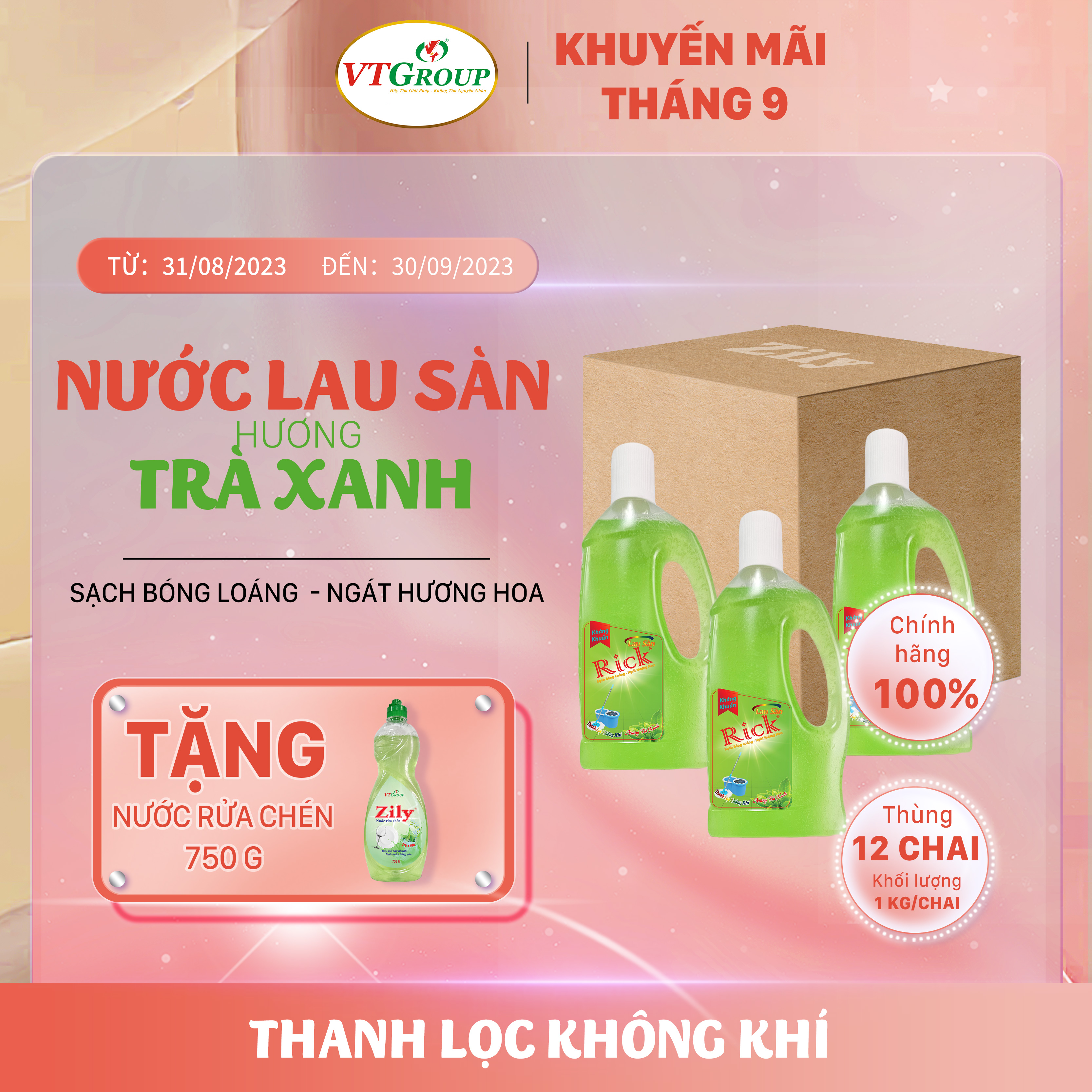 Nước lau sàn Rick 1kg (12 chai/thùng) - Tặng 1 chai rửa chén 750g