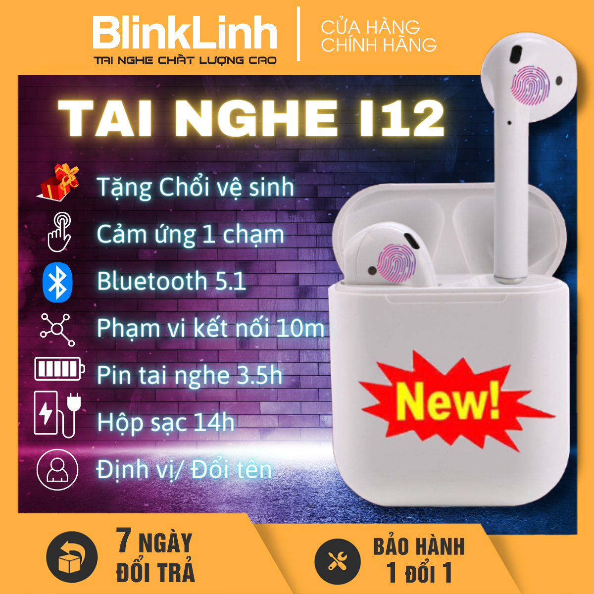 Tai Nghe i12 Bluetooth Bản Apro Quốc Tế , Pin 3 Tiếng, Bass mạnh, ĐỊnh vị, đổi tên, cảm ứng vân tay