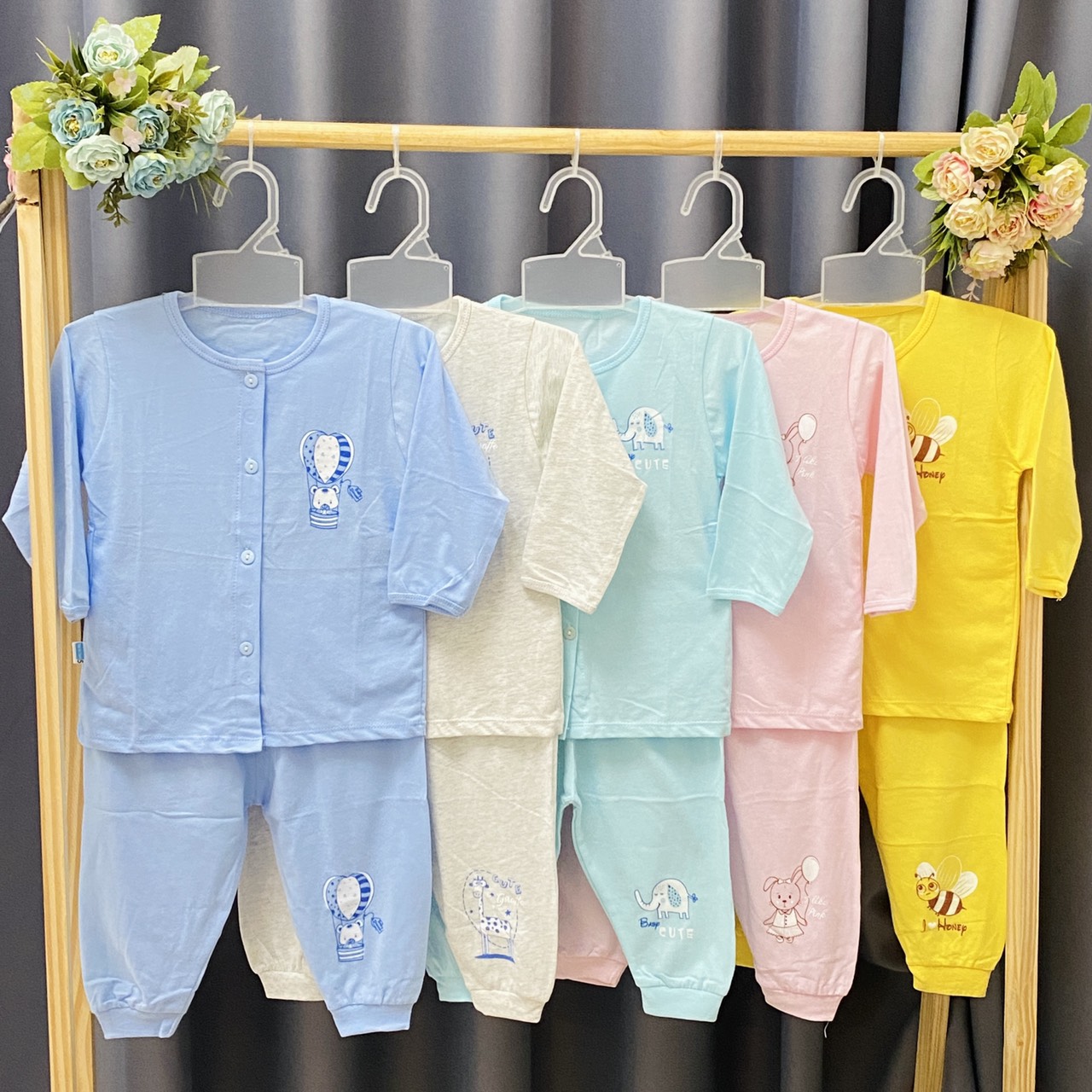 Combo 3 Bộ áo quần sơ sinh cotton Thái Hà Thịnh | Mẫu Tay Dài Cài Nút Giữa | Size 1,2,3,4,5 cho bé sơ sinh -12kg| Chất vải mềm, mịn, đẹp