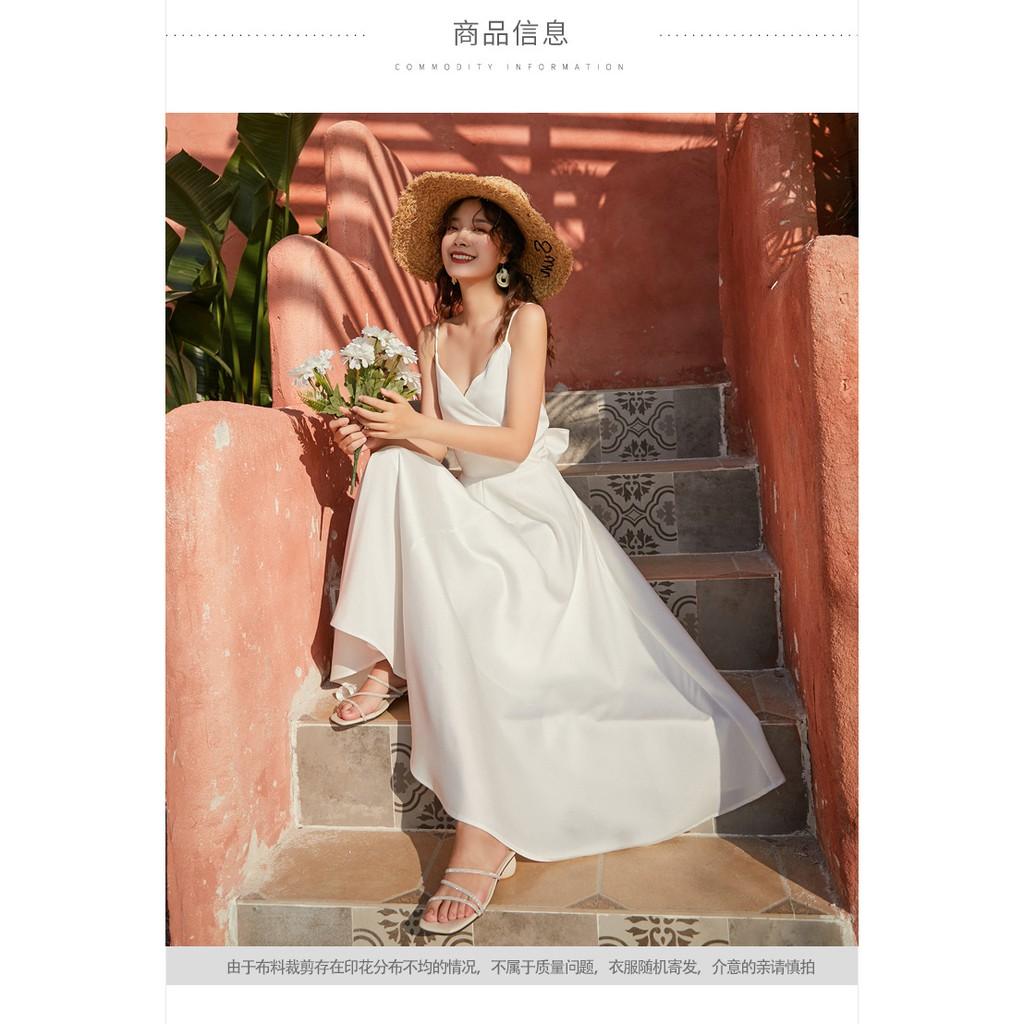 ĐẦM MAXI VÁY MAXI TRẮNG ĐAN DÂY HỞ LƯNG NƠ SAU ĐI BIỂN