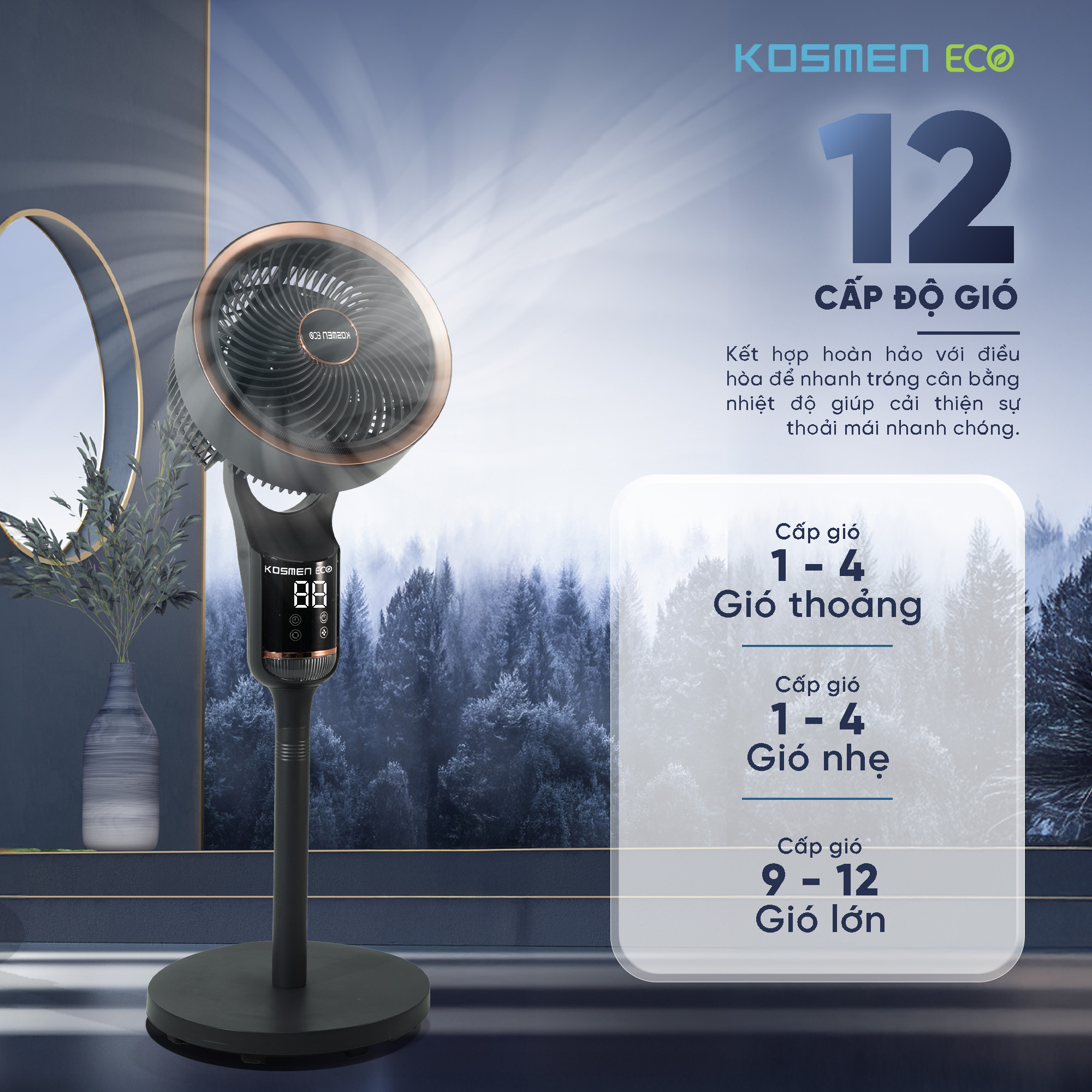 Quạt thông minh Kosmen ECO-F40AI-B AI điều khiển bằng giọng nói – Màu Đen - Hàng Chính Hãng, Bảo Hành 1 Năm