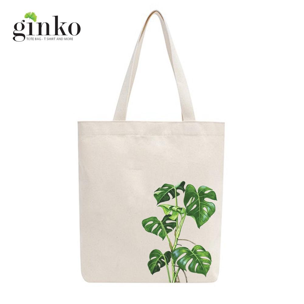 Túi tote canvas vải mộc Ginko có dây kéo khóa miệng túi đựng vừa laptop 14 inch và nhiều đồ dùng khác in hình cây lá M55-M56