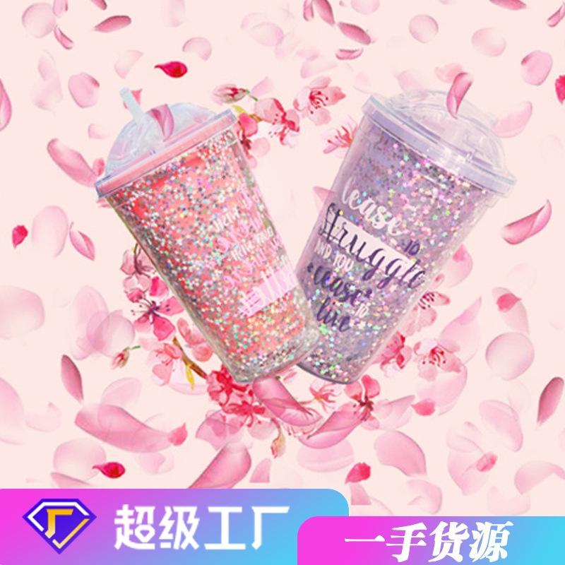 Cốc nhựa uống nước hai lớp kèm ống hút dung tích 500ml