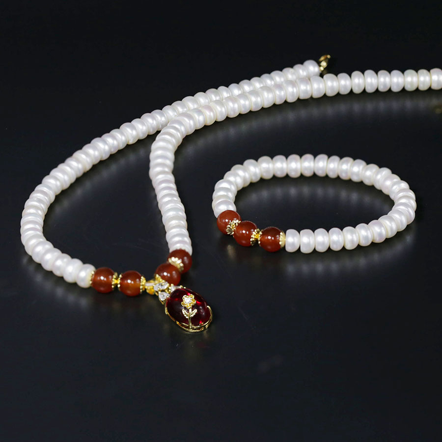 Bộ Chuỗi Ngọc Trai Phát Tài Lộc Mã Não Đỏ Charm Hoa Vàng - BNJ1208 - Bảo Ngọc Jewelry