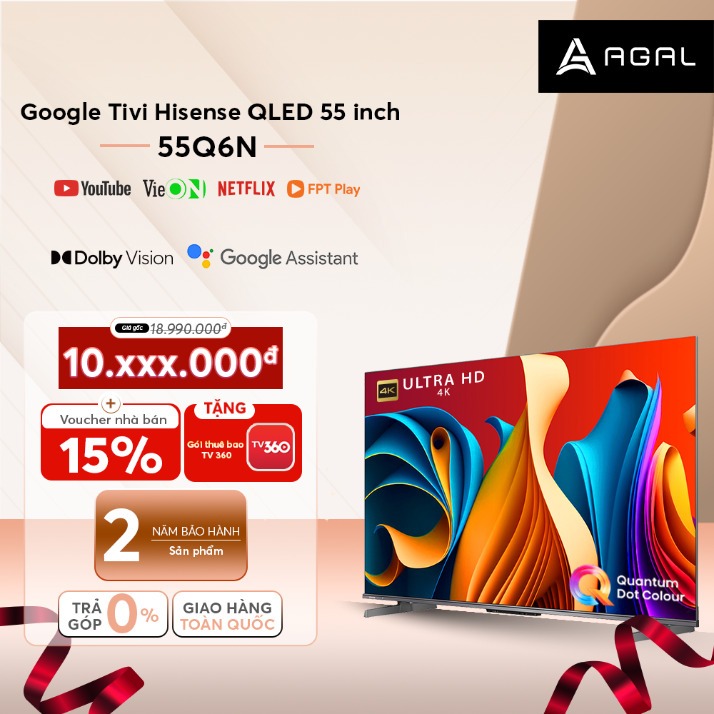 Google Tivi Hisense QLED Hisense 55 inch 55Q6N Google Assistant Có Tiếng Việt, Bảo Hành 3 Năm - Hàng Chính Hãng