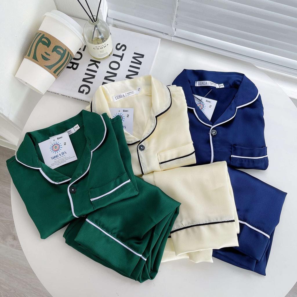 Đồ ngủ Sumokids Pijama trơn dài tay cho bé trai gái chất lụa satin cao cấp trơn mềm mịn mát Từ 7-28kg