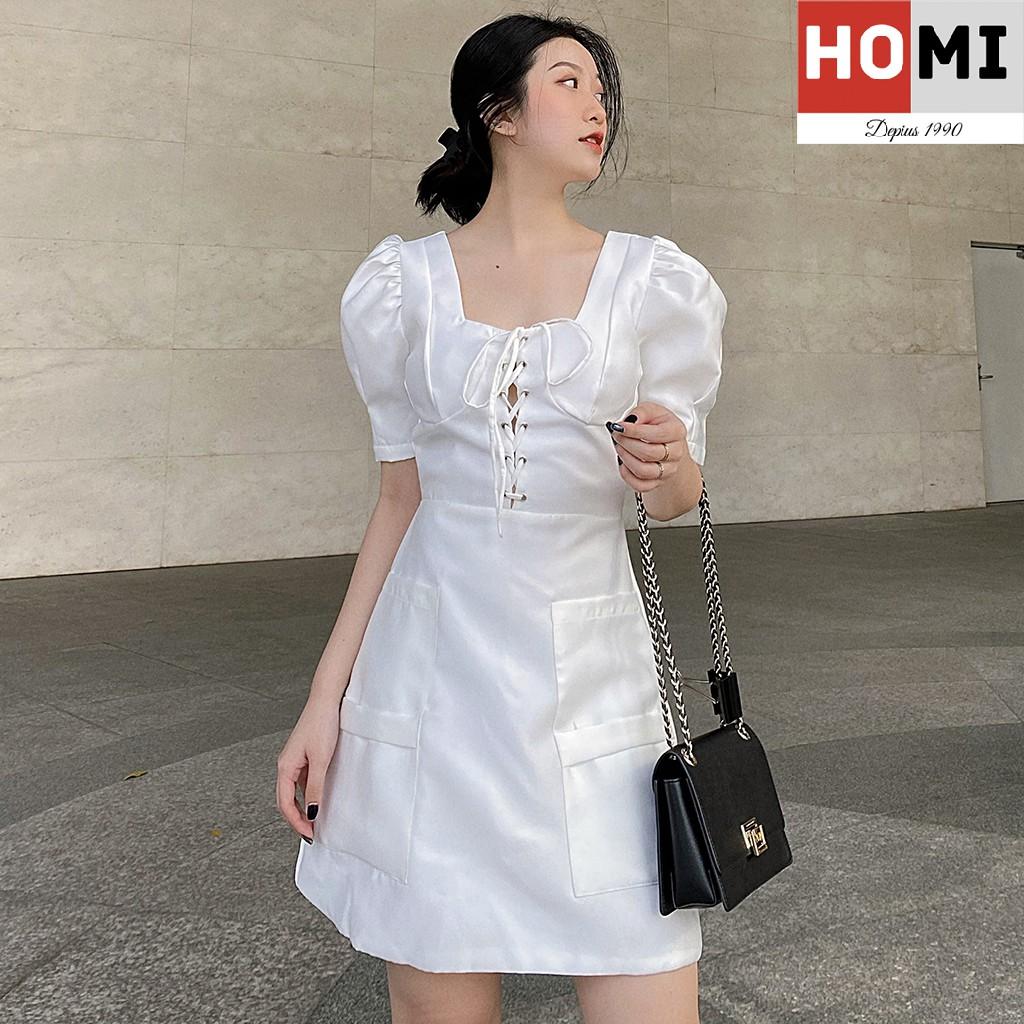 Đầm trắng cổ vuông thắt dây ngực tay phồng Homi Fashion