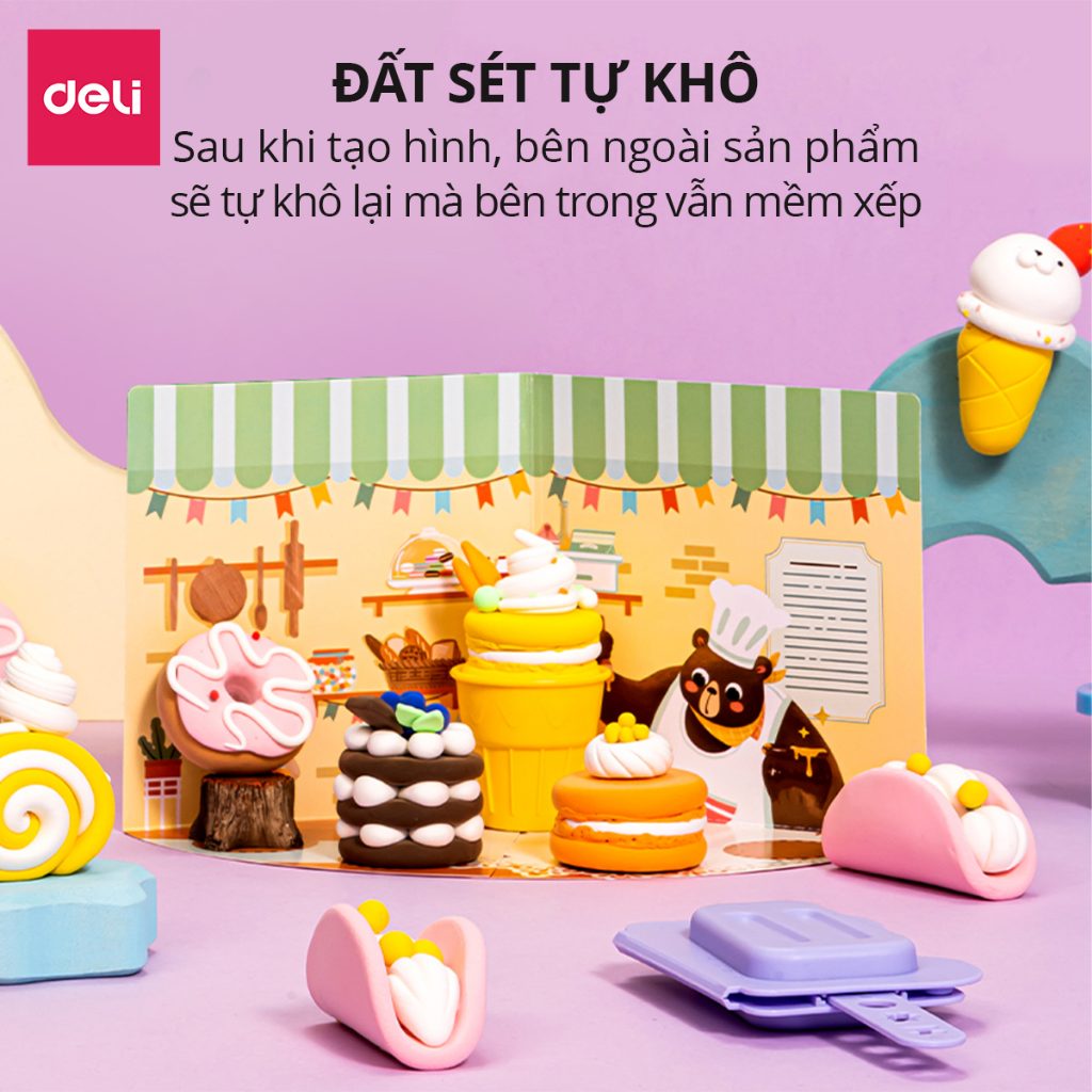 Bộ Đất Nặn Tự Khô Soft Clay 24 màu Deli - Kèm Khuôn Tạo Hình Cute - An Toàn Cho Trẻ Từ 3 Tuổi - Mềm Dẻo Đồ Chơi Sáng Tạo