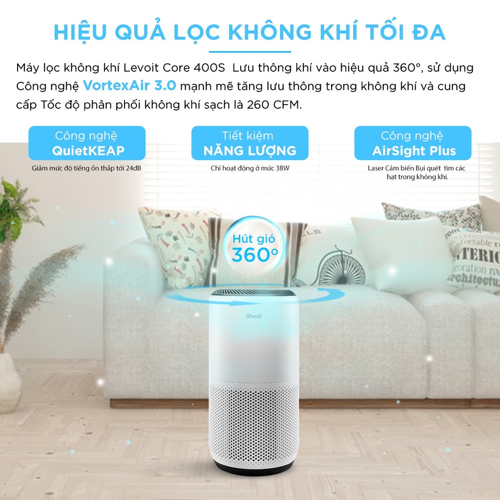 Máy Lọc Không Khí Hàng Chính Hãng Levoit Core 400S 92m2 - Công Nghệ HEPA 13 Lọc Bụi Mịn - Kháng Khuẩn - Báo Hiệu Khi Phải Thay Lõi