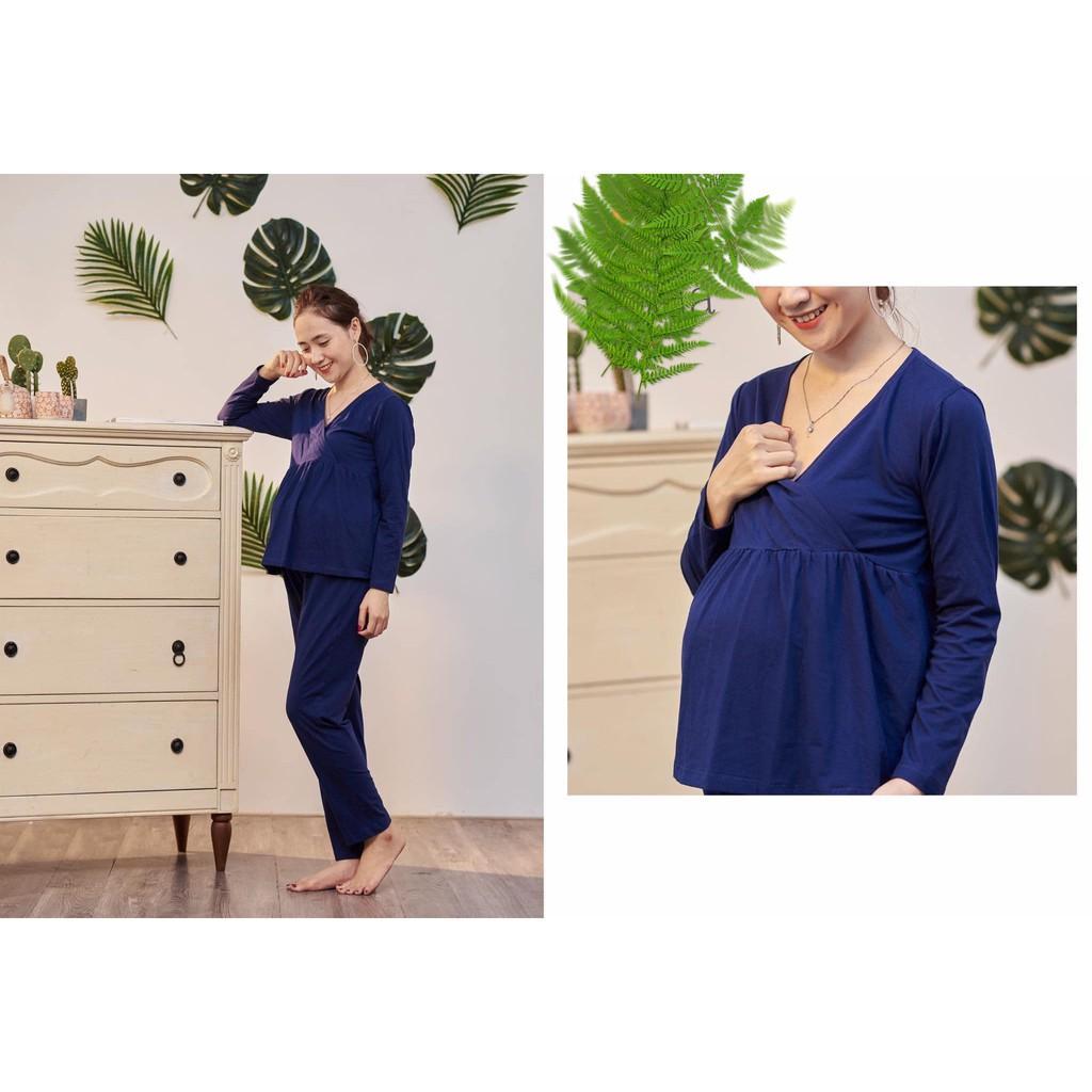 Bộ Đồ bầu thun cotton dài vạt chéo mặc bầu và sau sinh