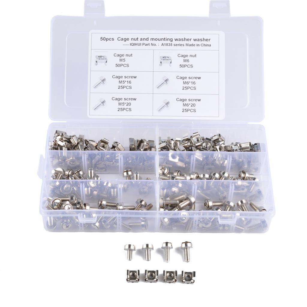 100 Pack Lot - M5*16 M5*20 M6*16 M6*20 Rack Mount Cage Nut & Screw w/ Washer