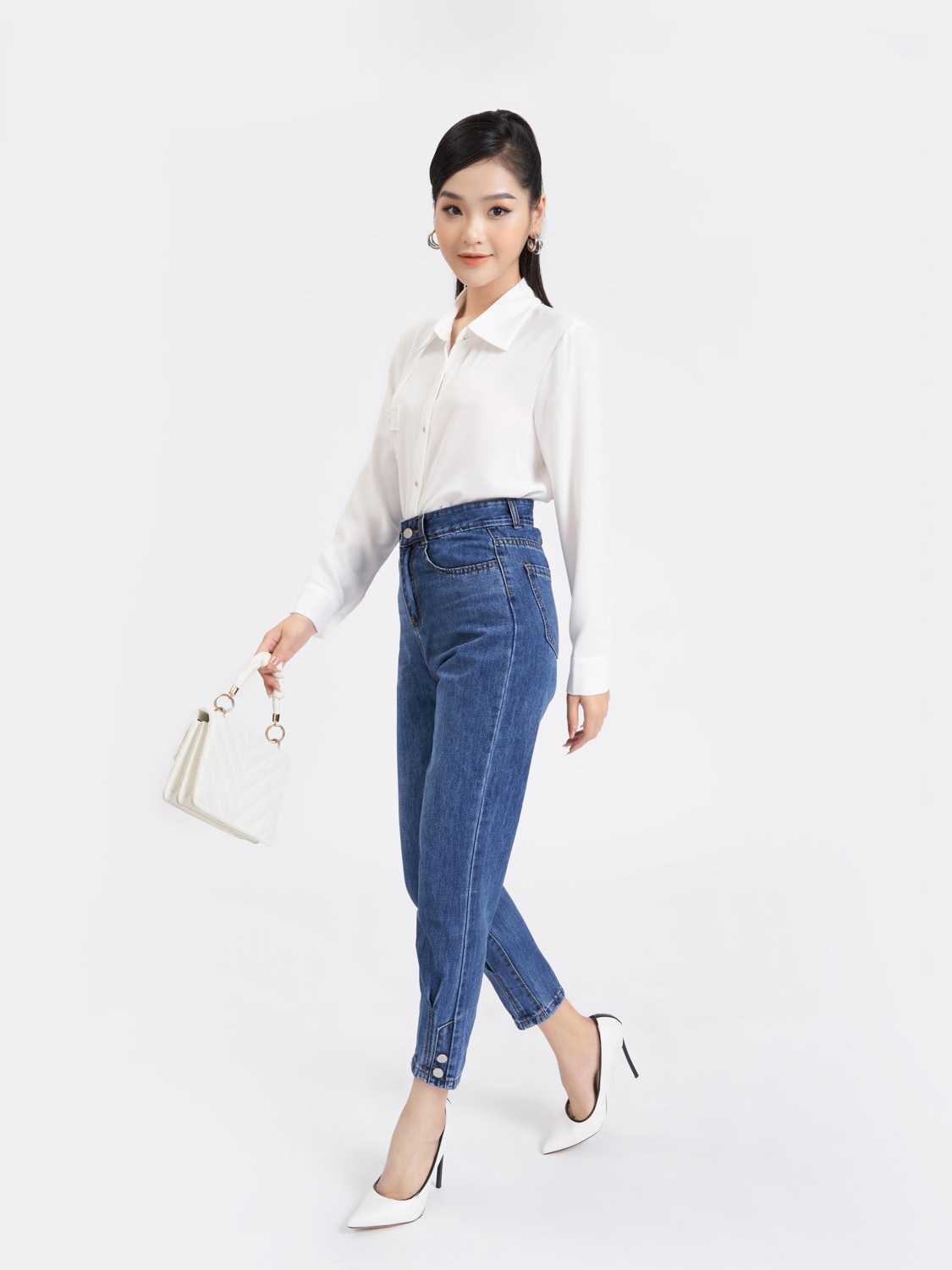 Quần jean cúc gấu cạp cao co giãn có túi mặc tôn dáng, vận động thoải mái LINBI Q3637