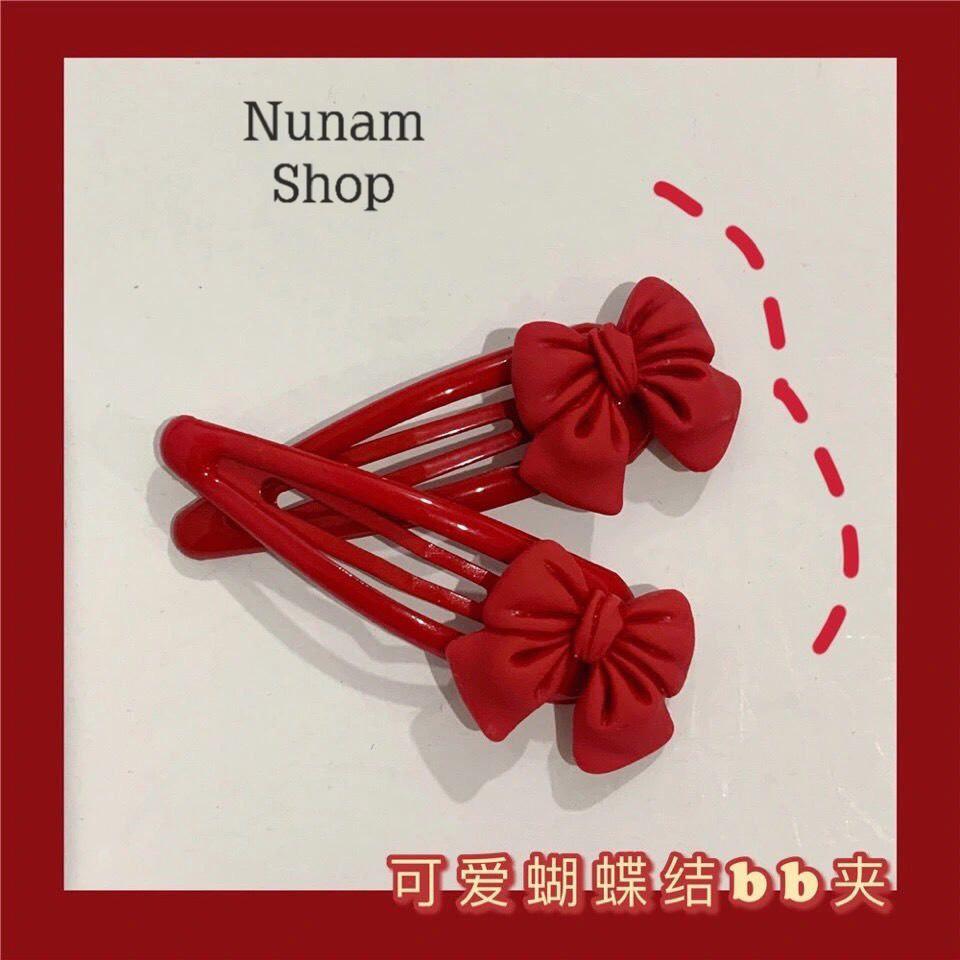 Set 2 kẹp tóc bấm phủ bóng màu đỏ đính nơ dễ thương phong cách hàn quốc Nunam shop