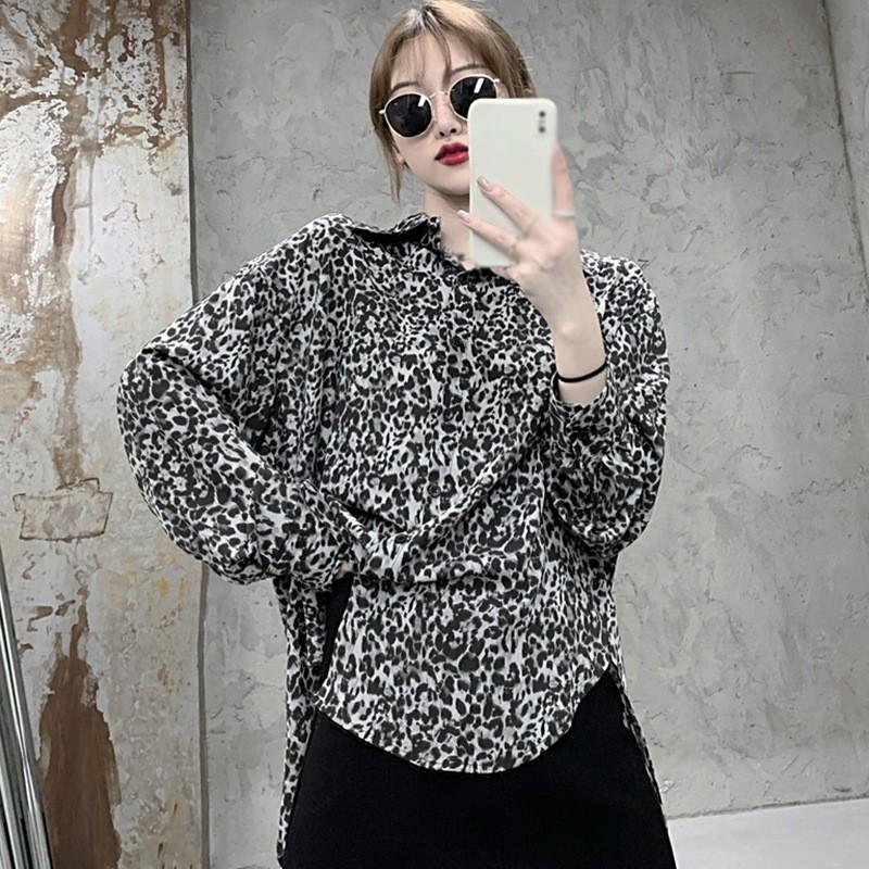 Áo Sơ Mi Tay Dài Form Rộng In Họa Tiết Da Beo Phong Cách Retro