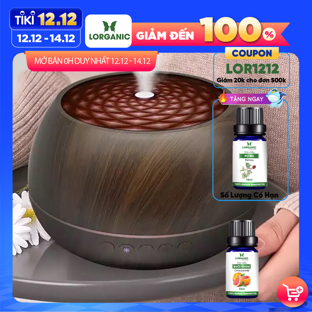 Combo máy khuếch tán/ máy xông tinh dầu Lorganic dung tích lớn 1000ml FX2048 - có tích hợp loa bluetooth+ tinh dầu bưởi chùm Lorganic (10ml) LGN0363/ Thích hợp xông phòng 15-40m2.