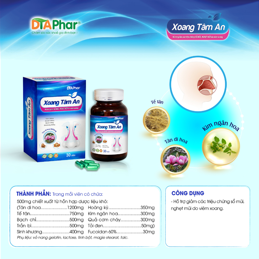 Viên uống Xoang Tâm An Hỗ trợ giảm sổ mũi nghẹt mũi do viêm xoang Hộp 30 Viên Tâm An Pharma