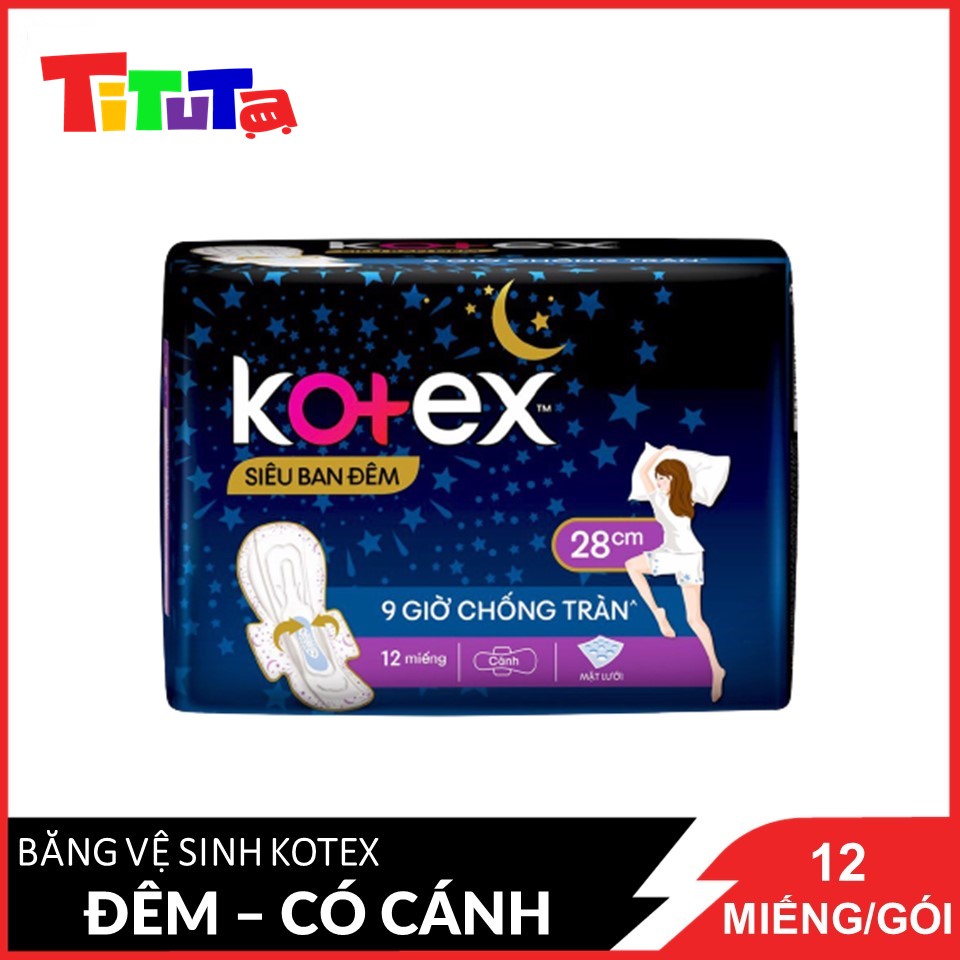 Băng Vệ Sinh Có Cánh 28cm Kotex Siêu Ban Đêm 9 Giờ Chống Tràn 12 miếng