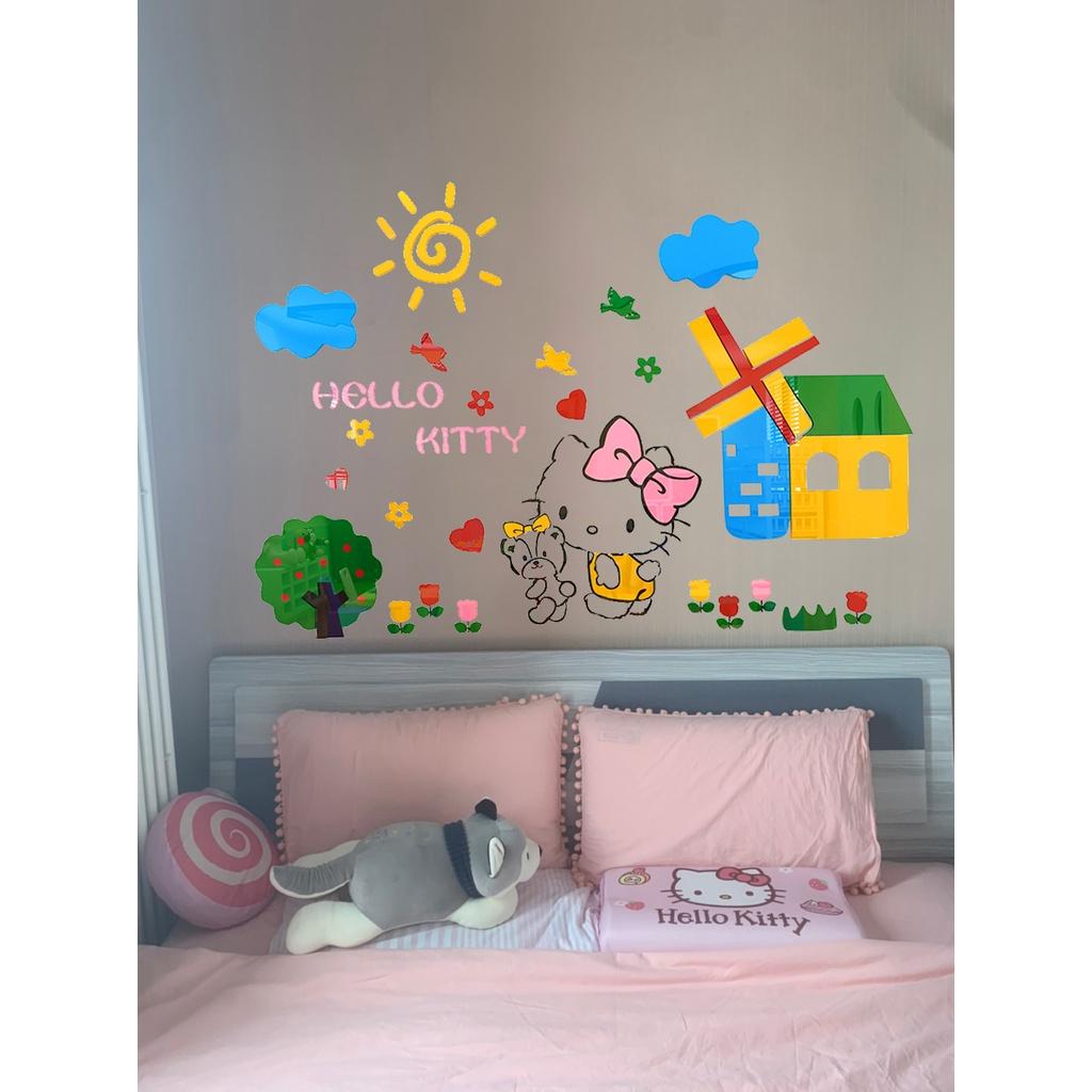 Tranh dán tường mica 3d decor khổ lớn khu vườn của hello kitty trang trí mầm non, mẫu giáo, phòng cho bé
