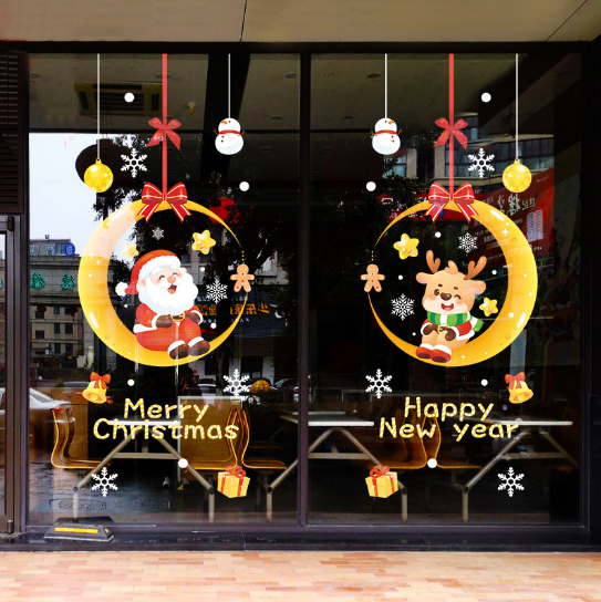 Decal trang trí Noel - Ông già Noel và chú tuần lộc trên cung trăng