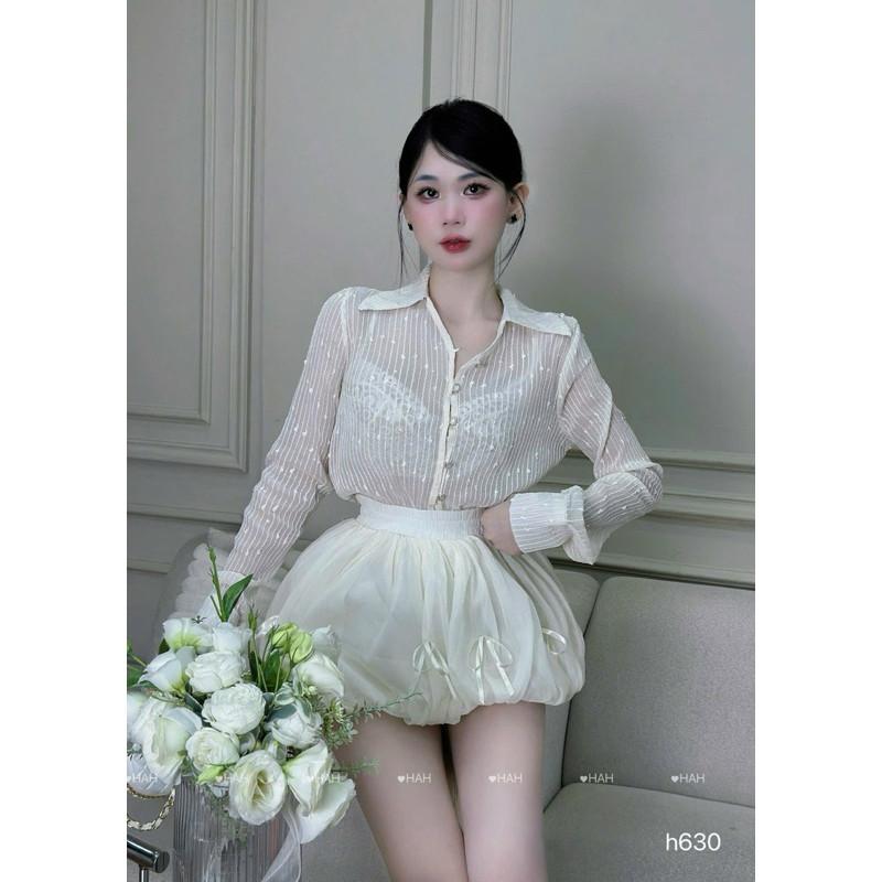 Set áo sơmi voan mỏng chân váy bồng sẵn lót quần hàng loại 1 chuẩn mẫu
