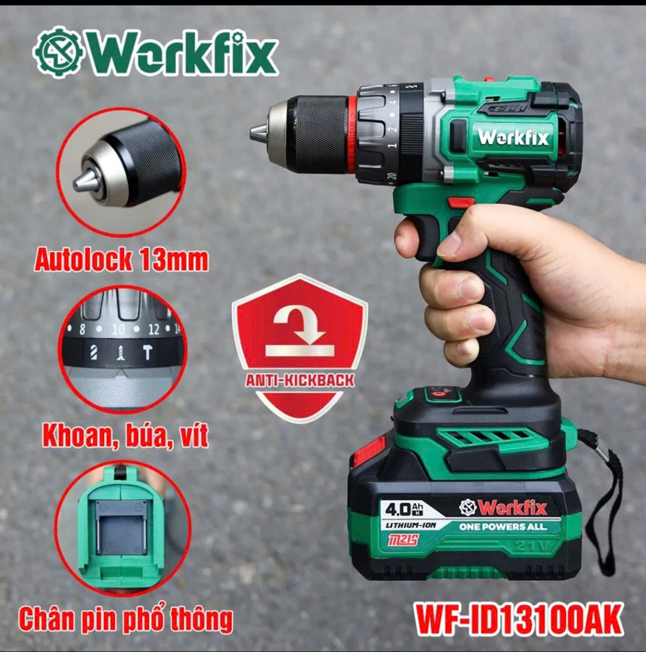 Máy Khoan 3 Chức Năng 100N.m Workfix - ID13100AK - Đầu Kẹp 13mm Auto Lock - Chống Lật Cổ Tay - Brushless Motor - Chân Pin Phổ Thông - 2 Pin 21V/4Ah PLUS - Có Tay Cầm Trợ Lực