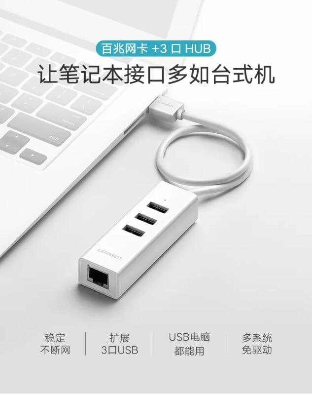 Ugreen UG30299CR129TK 30CM màu Trắng HUB chuyển đổi USB 2.0 sang 3 USB 2.0 + LAN hổ trợ 100Mbps - HÀNG CHÍNH HÃNG