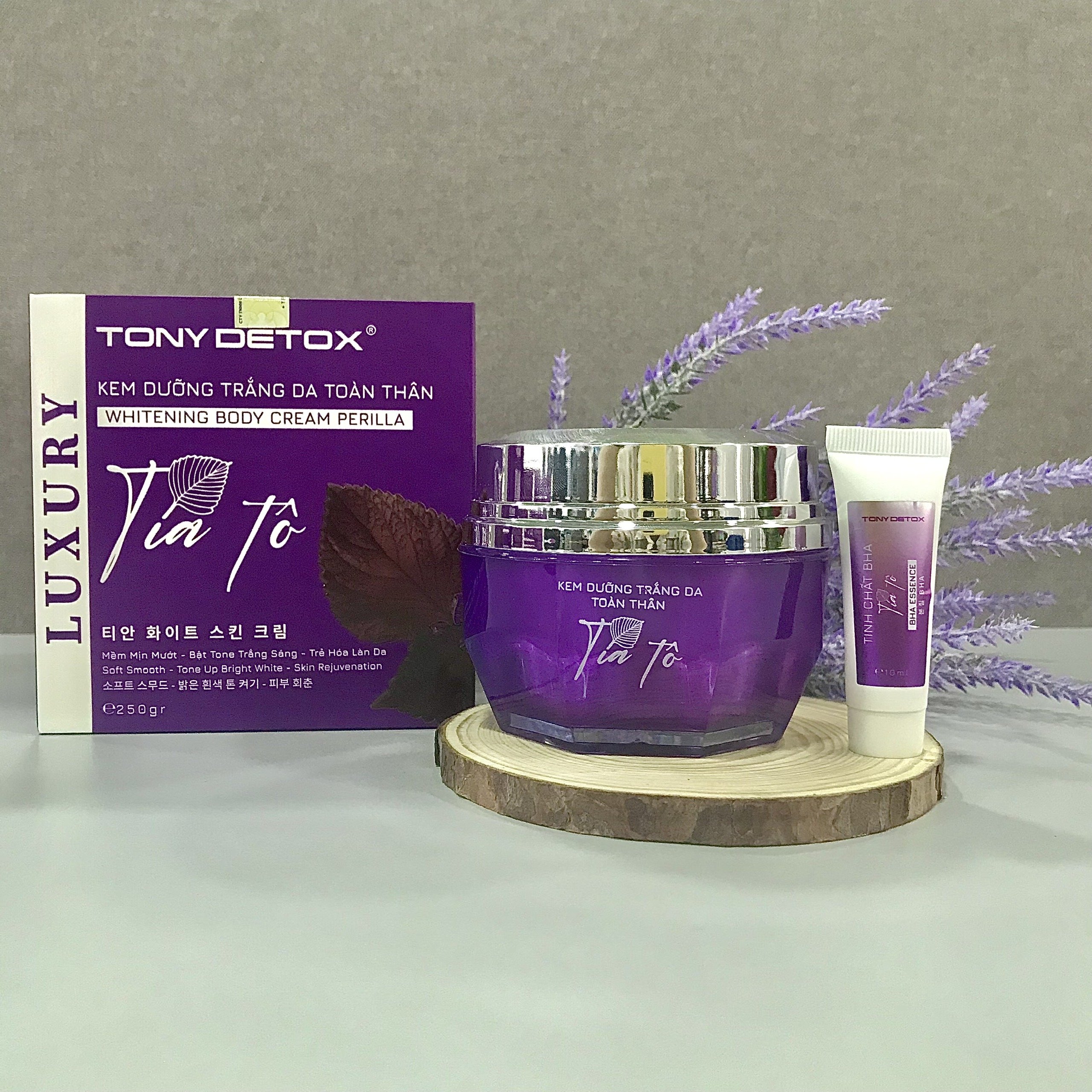 Combo Kem Body Luxury-Tinh Chất BHA Tía Tô Tony Detox, Mềm mịn, Bật Tone Trắng Sáng, Trẻ Hóa Làn Da, 250g By Lâm Khánh Chi