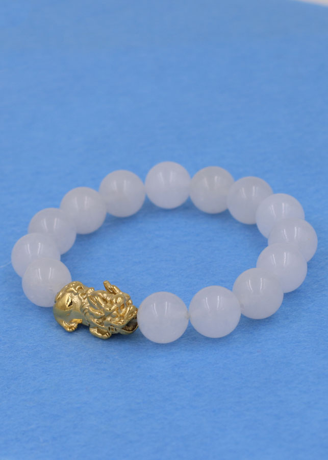 Vòng đeo tay thạch anh trắng 12 ly - cẩn Tỳ Hưu inox vàng VTATTHV12 - hợp mệnh Kim, mệnh Thủy