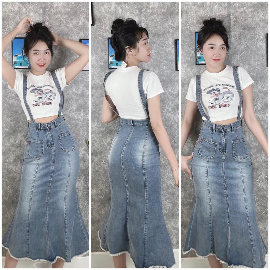 Váy Yếm Jean đuôi cá dài siêu tôn dáng, Váy yếm jean cá tính đuôi xòe