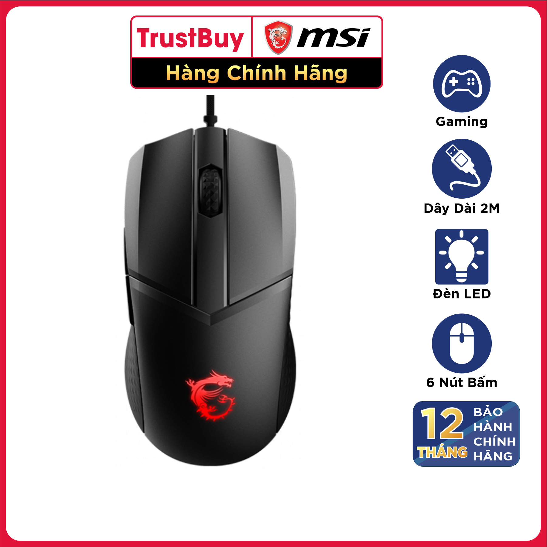 Chuột Gaming MSI GM41 Lightweight V2 Đèn LED RGB, 6 Nút, 6400 DPI Với 6 Mức DPI, Dây Cắm USB Dù Dài 2M - Hàng Chính Hãng