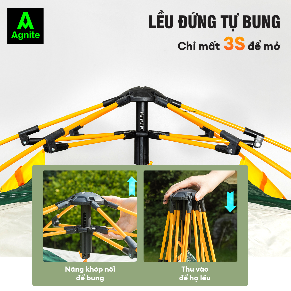 Lều cắm trại, picnic tự bung 4 cửa cao cấp Agnite dành cho 2-4 người - dễ dựng - tiện lợi - chống tia UV, chống thấmnước