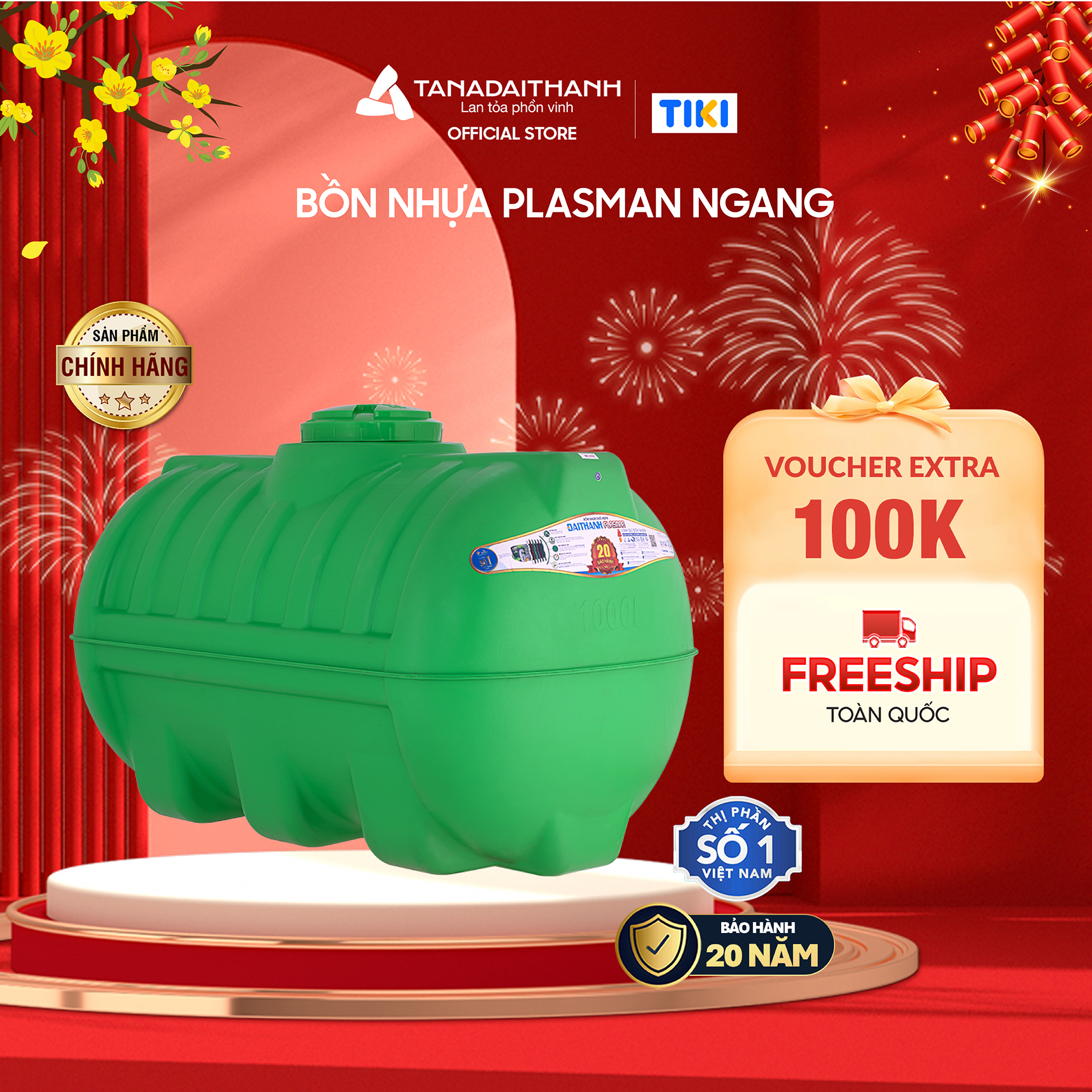 Bồn nước nhựa Tân Á Đại Thành Plasman Ngang 500L 1000L Chính Hãng, Bảo hành 20 năm