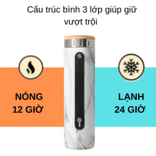 Bình giữ nhiệt Elemental Iconic màu vân đá 590ml, giữ nhiệt vượt trội, inox 304, FDA Hoa Kì, An toàn sức khỏe, có lưới lọc