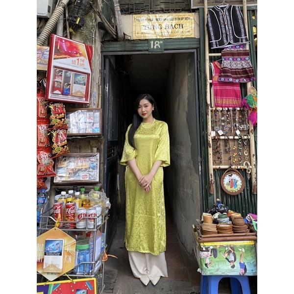 Áo dài Gấm Trà hoa - Màu Cốm