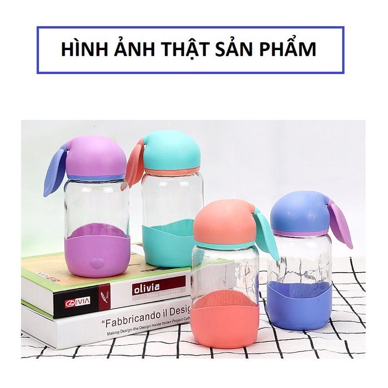 Combo 2 Bình Nước Thuỷ Tinh - Nắp Thỏ Con Dễ Thương Vỏ Bọc Silicon