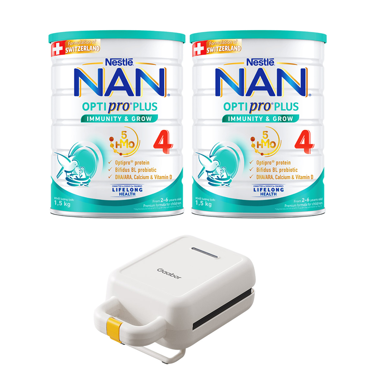 Bộ 2 Lon Sữa bột Nestlé NAN OPTIPRO PLUS 4 1500g/lon với 5HMO Giúp tiêu hóa tốt + Tăng cường đề kháng Tặng Máy nướng bánh mì Gaabor​​ - Bé 2-6 tuổi