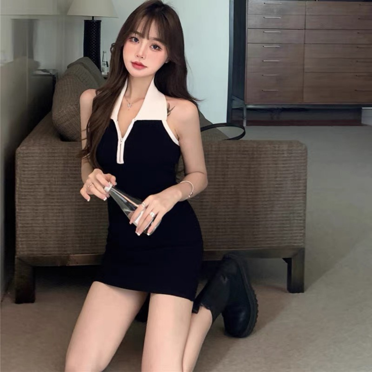 Đầm body cổ yếm hở lưng dáng ngắn trên gối sexy quyến rũ màu đen mặc đi tiệc đi chơi phong cách Hàn quốc