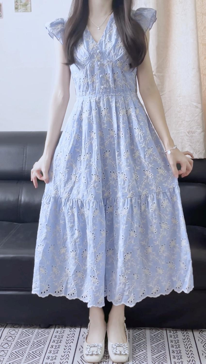 DIYIWEI Phong cách Pháp ngọt ngào khí chất màu xanh cam cuống váy nữ sinh mùa hè thu eo lộ vẻ gầy trung dài mảnh hoa váy