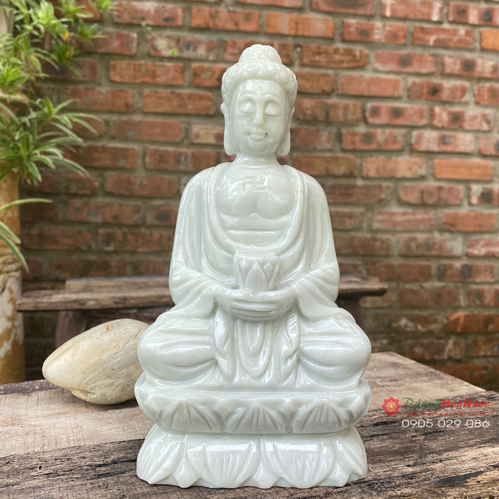 Tượng Phật Adida phong thủy đá trắng xanh 20cm