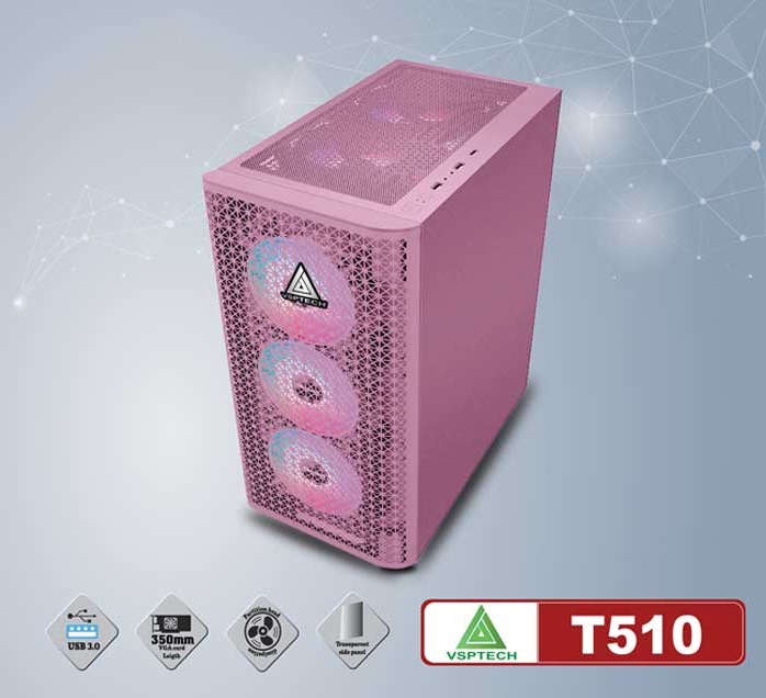 Case VSPTECH T510 Full ATX (Black-Pink) - NTH - Hàng Nhập Khẩu