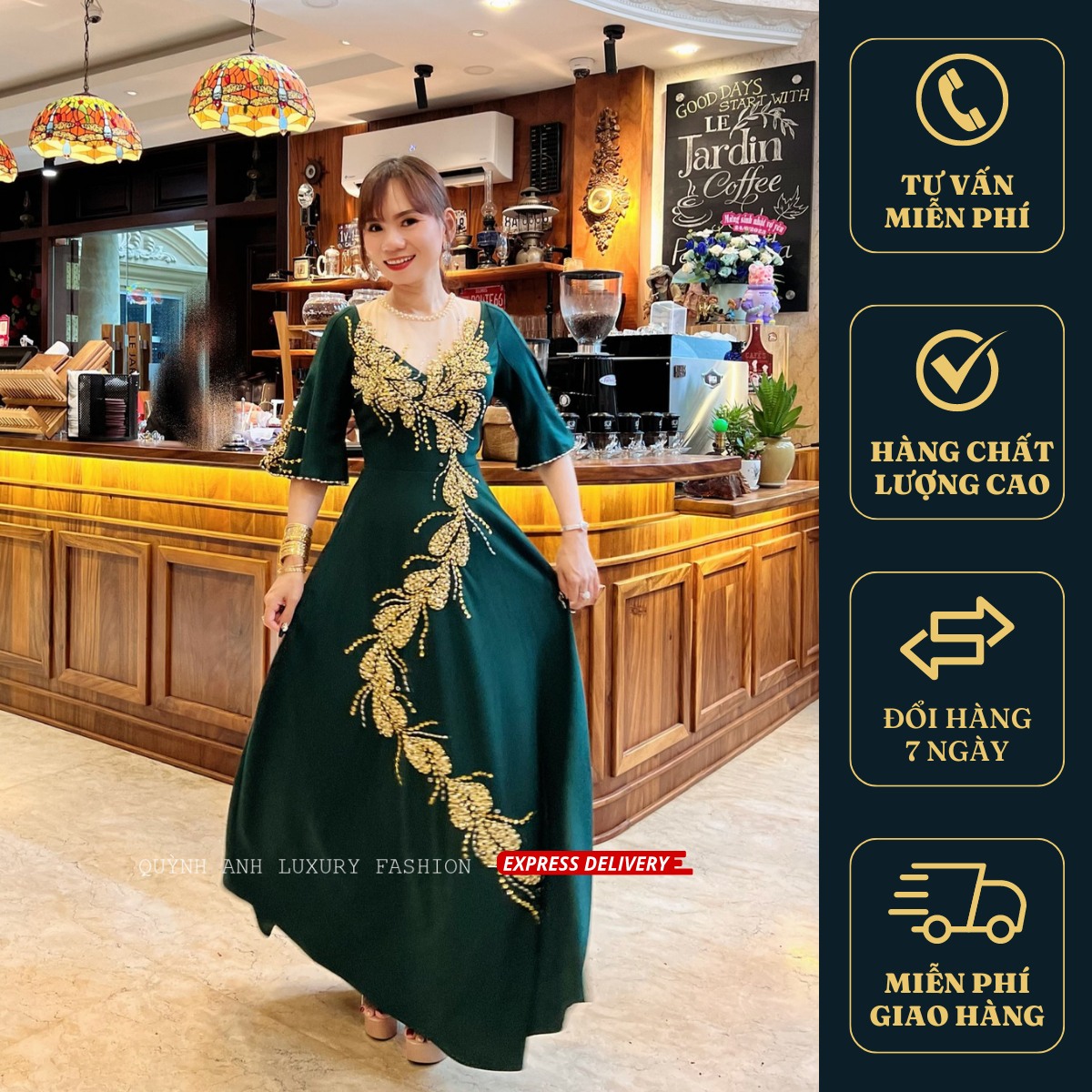 Đầm Xòe Dạ Hội Xanh Rêu Dáng Dài Tay Loe Đính Đá Cao Cấp Kane Dress