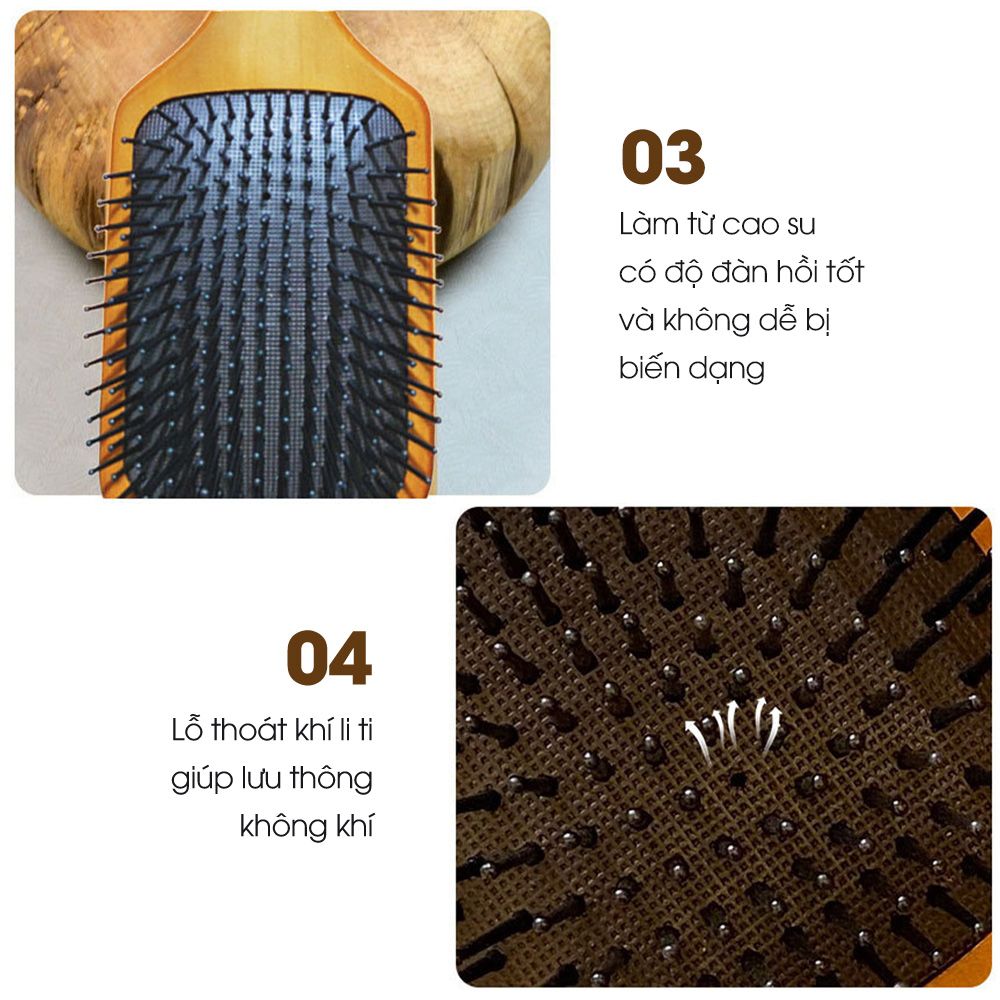 Lược chải tóc, lược gỡ rối CWELL chất liệu gỗ sồi cao cấp, lược massage đầu có đệm khí thư giãn, đủ size C03PK