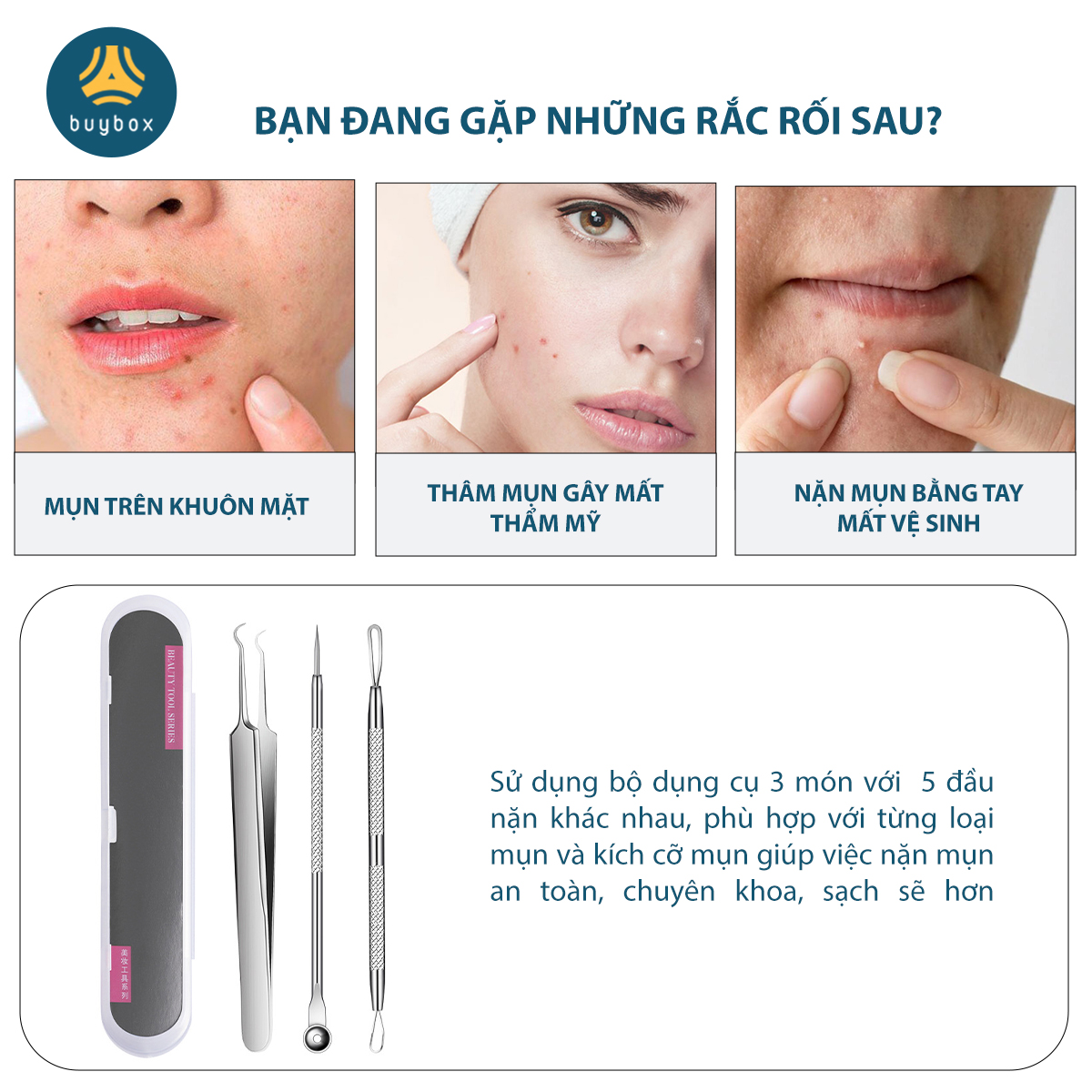 Bộ dụng cụ nặn mụn đa năng, 3 món đa dạng dễ dàng loại bỏ mụn cứng đầu, hộp nhựa chắc chắn dễ bảo quản - BuyBox - BBPK345