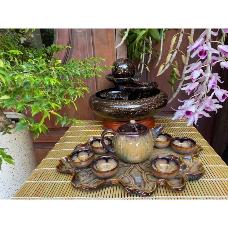 BỘ ẤM CHÉN PHA TRÀ SỨ CỔ XƯA KÈM KHAY SEN CAO CẤP