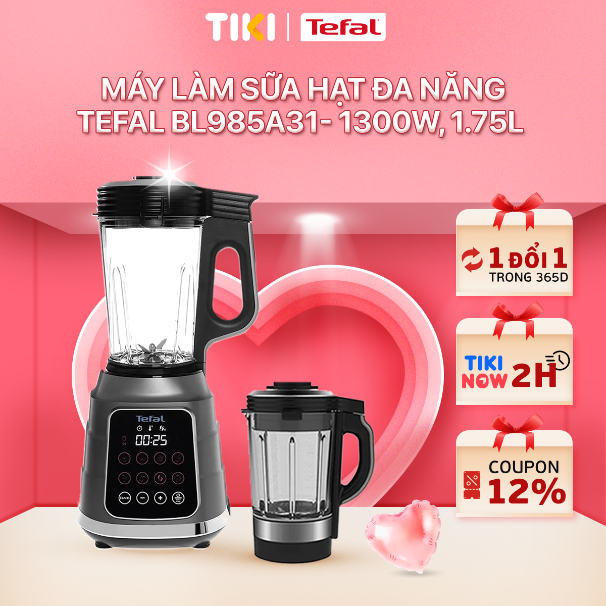 Máy làm sữa hạt, xay sinh tố và nấu đa năng, hút chân không Tefal BL985A31- 1300W, 1.75L - Hàng chính hãng